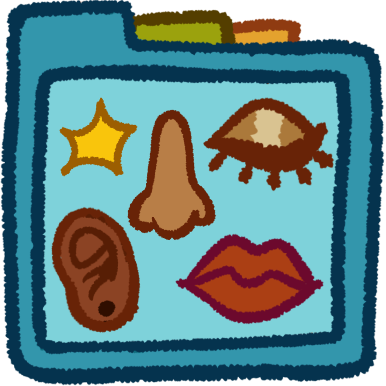 blue file folder with green and orange tabs behind it. on blue file folder is brown ear, light brown nose, lips, closed eye, and sparkle.